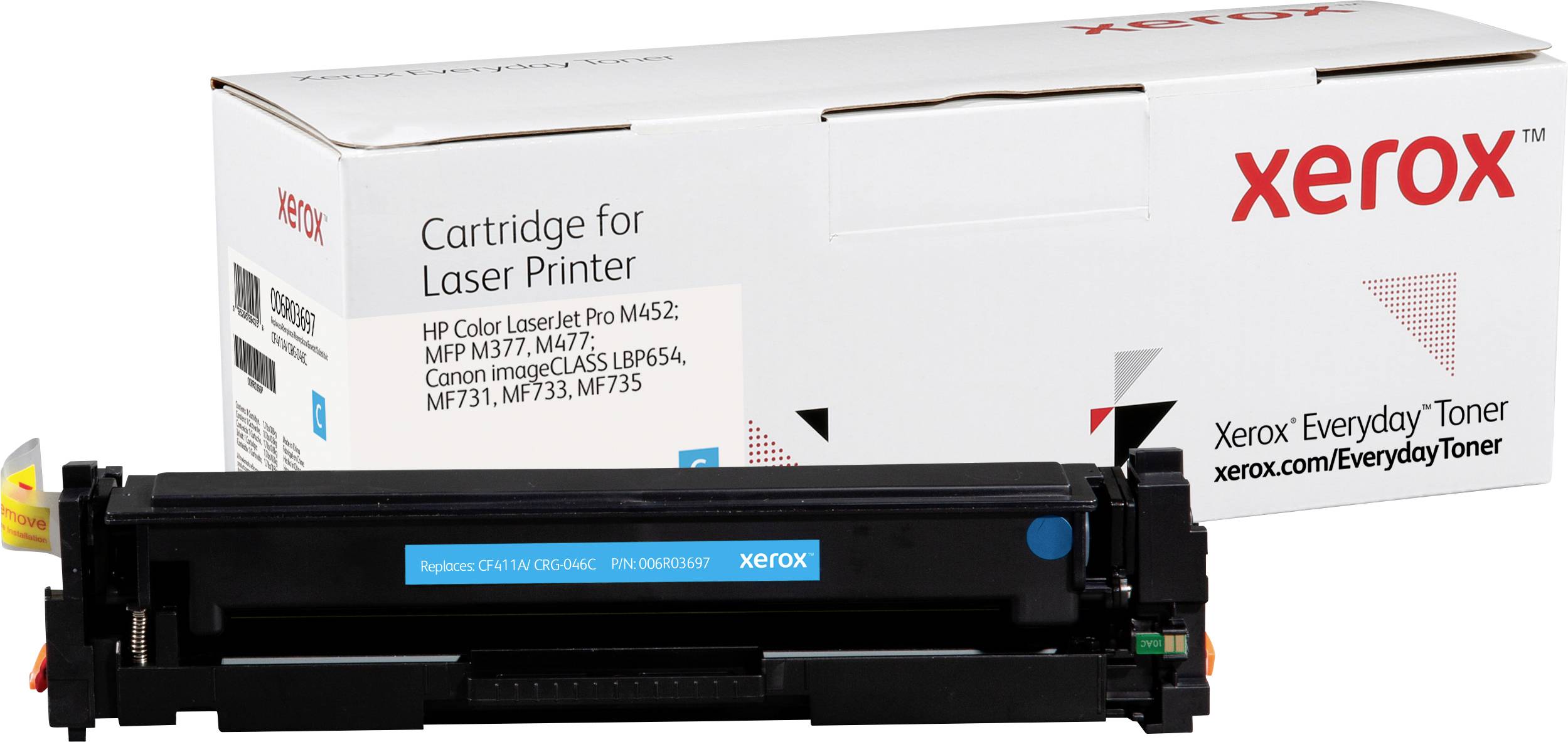 Cartouche de toner Xerox pour imprimantes laser, compatible avec les modèles HP et Canon, noir, emballage et produit illustrés.