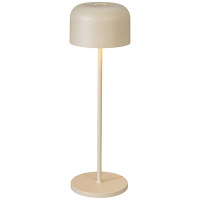 Lampadaire beige avec un abat-jour rond, un long col élancé et un socle circulaire. La lampe diffuse une lumière douce vers le bas.