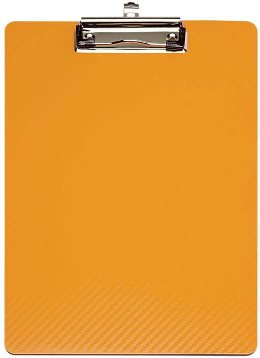 Un presse-papiers orange avec une pince métallique en haut ; aucune note ou papier visible.