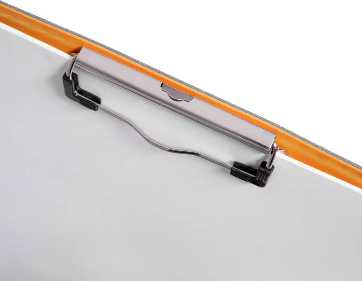 Presse-papiers à bord orange. Pince de maintien sécurisée pour feuilles de papier. Idéal pour les travaux de bureau ou les notes.