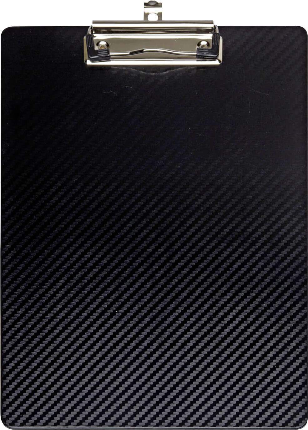 Un porte-bloc noir avec une pince métallique en haut, à surface aspect carbone.