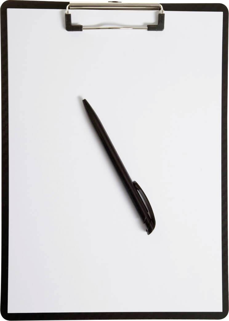 Presse-papiers avec une feuille blanche vierge et un stylo noir au centre. Idéal pour prendre des notes ou faire des listes.