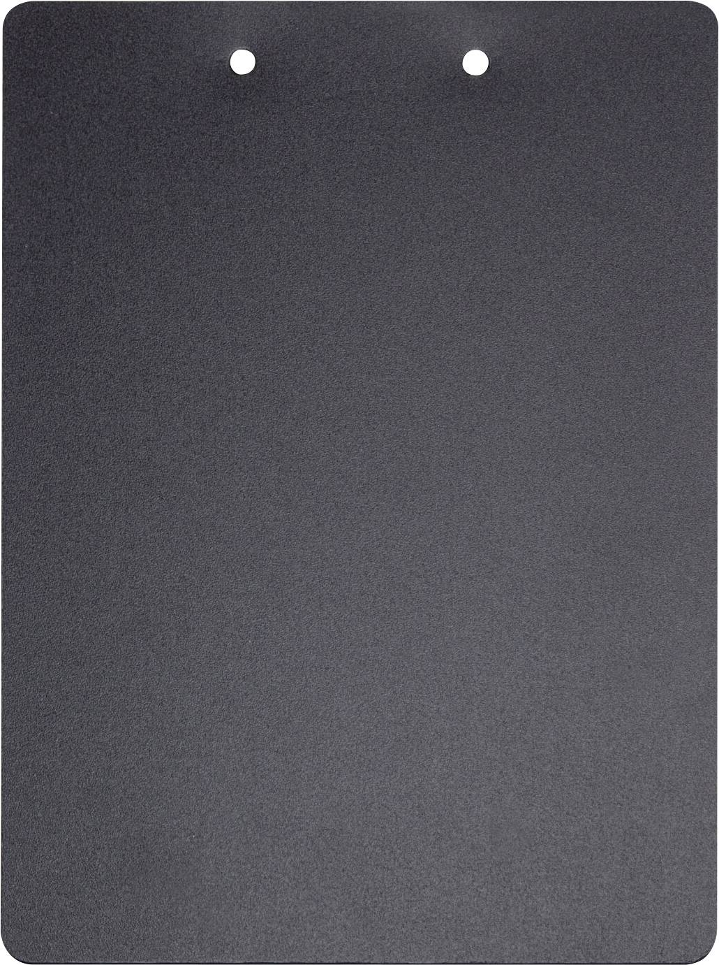 Une plaque en plastique noir vide et verticale, percée de deux trous en haut, adaptée pour être fixée à un mur ou à un support.