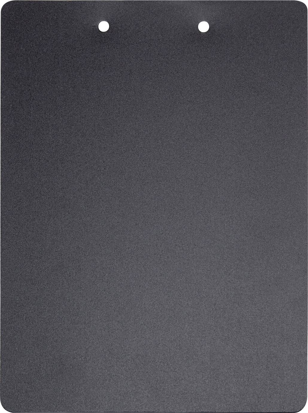 Un porte-bloc noir avec deux trous en haut pour la fixation du papier, sans aucun document visible dessus.