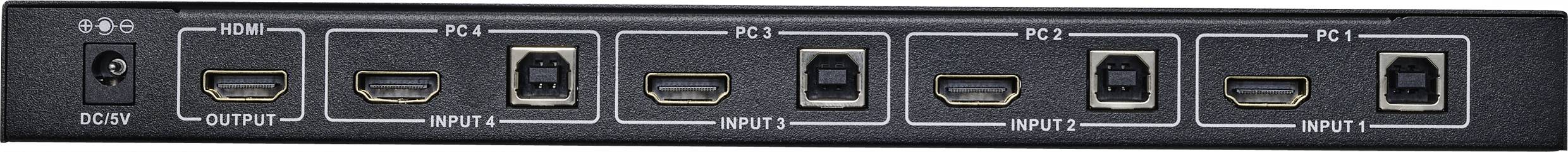 Six ports HDMI avec des étiquettes 'Output' et 'Input 1-5', ainsi qu'un interrupteur marche/arrêt et un port d'alimentation CC sur un appareil.