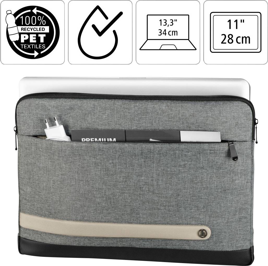 Sacoche en textiles PET 100% recyclés, adaptée aux ordinateurs portables de 13,3 pouces. Comprend un compartiment pour câbles et accessoires.