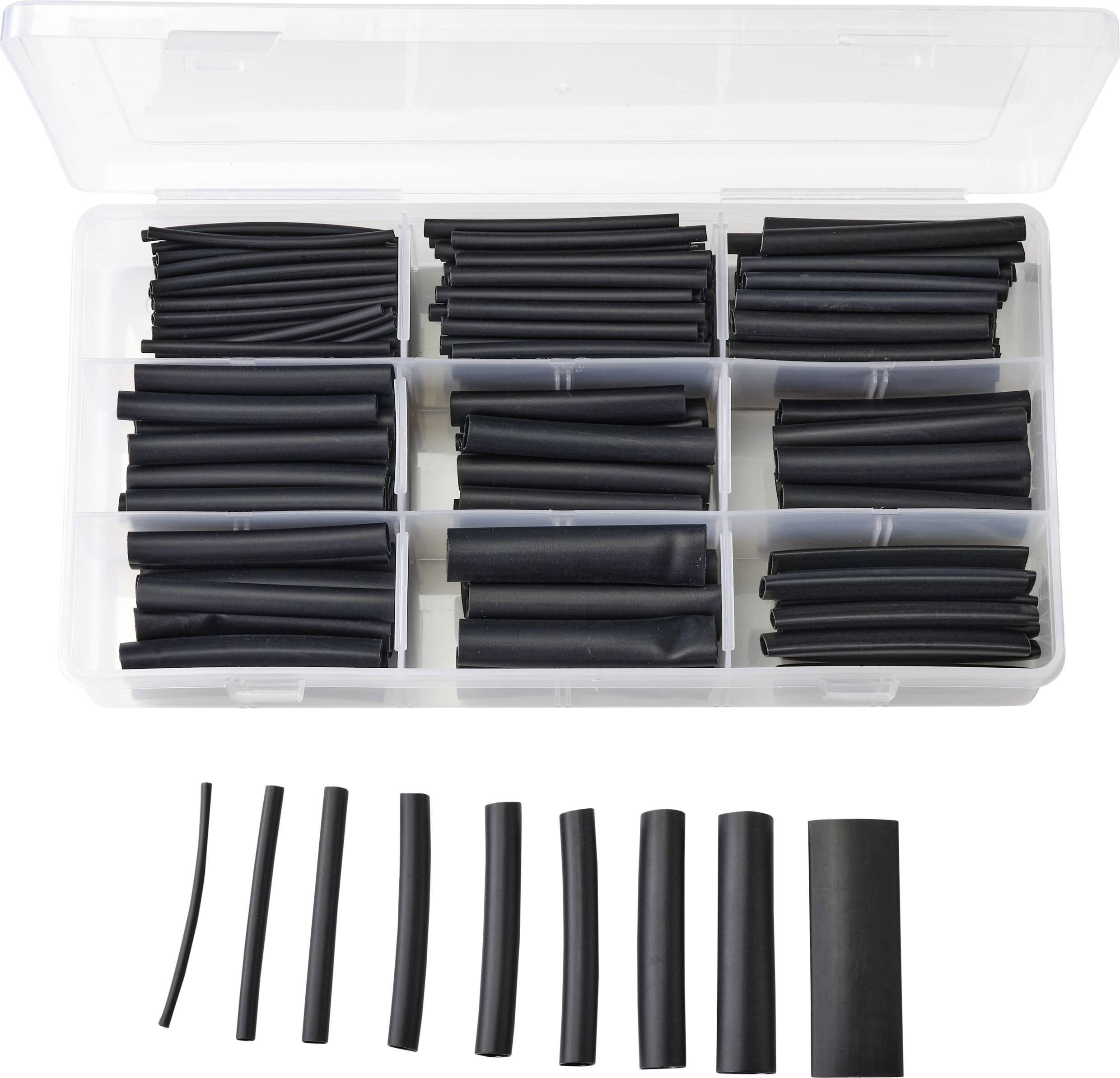 Gaines thermorétractables noires de différentes tailles dans un récipient en plastique transparent.