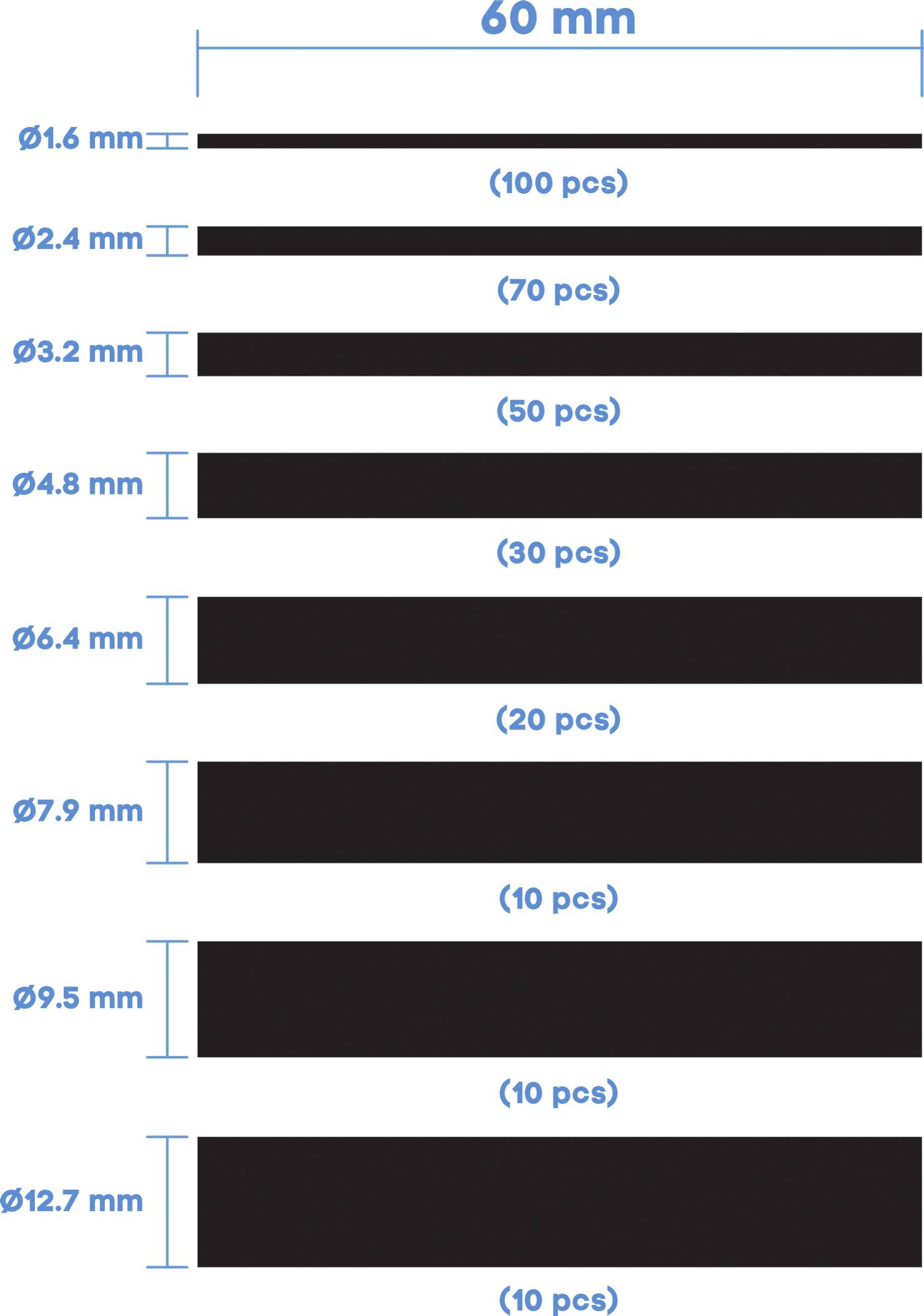 'Ensemble de forets de différents diamètres : 1,6 mm, 2,4 mm, 3,2 mm, 4,8 mm, 6,4 mm, 7,9 mm, 9,5 mm, 12,7 mm. Chacun d'une longueur de 60 mm.'