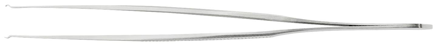 Pince à épiler argentée, posée à plat. Outil principal pour saisir ou retirer avec précision de petits objets.