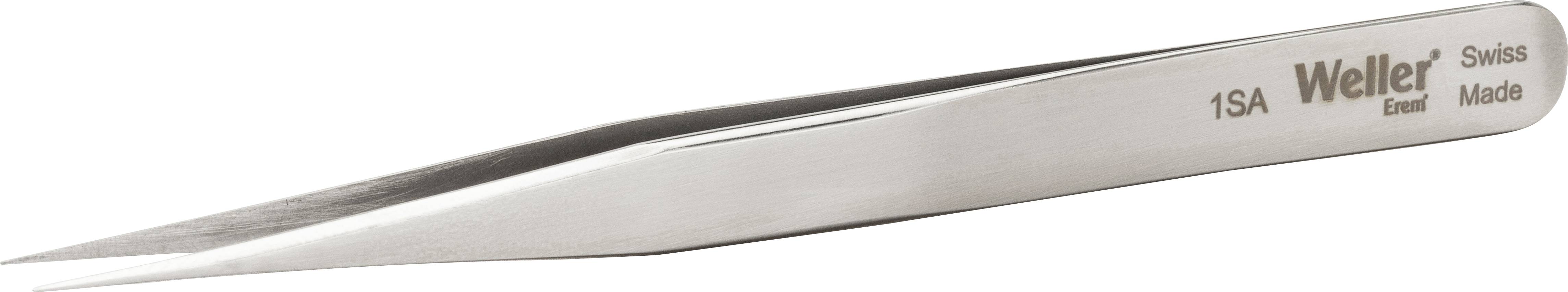 Une pince à épiler en métal argenté, sur laquelle sont gravés 'Weller' et 'Swiss Made'.