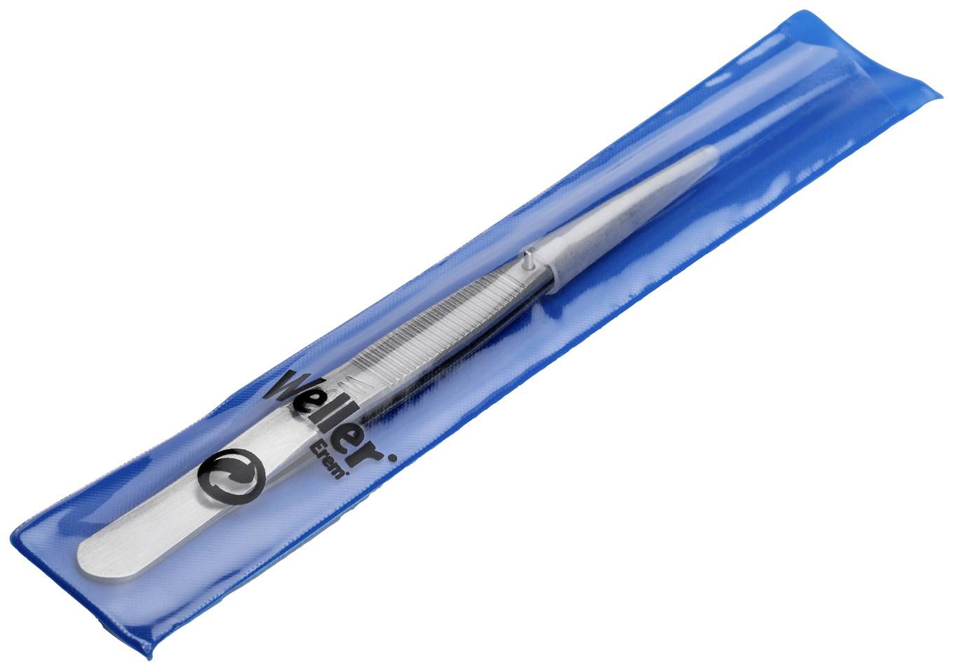 Pince à épiler dans un étui en plastique bleu portant l'inscription « Weller ».