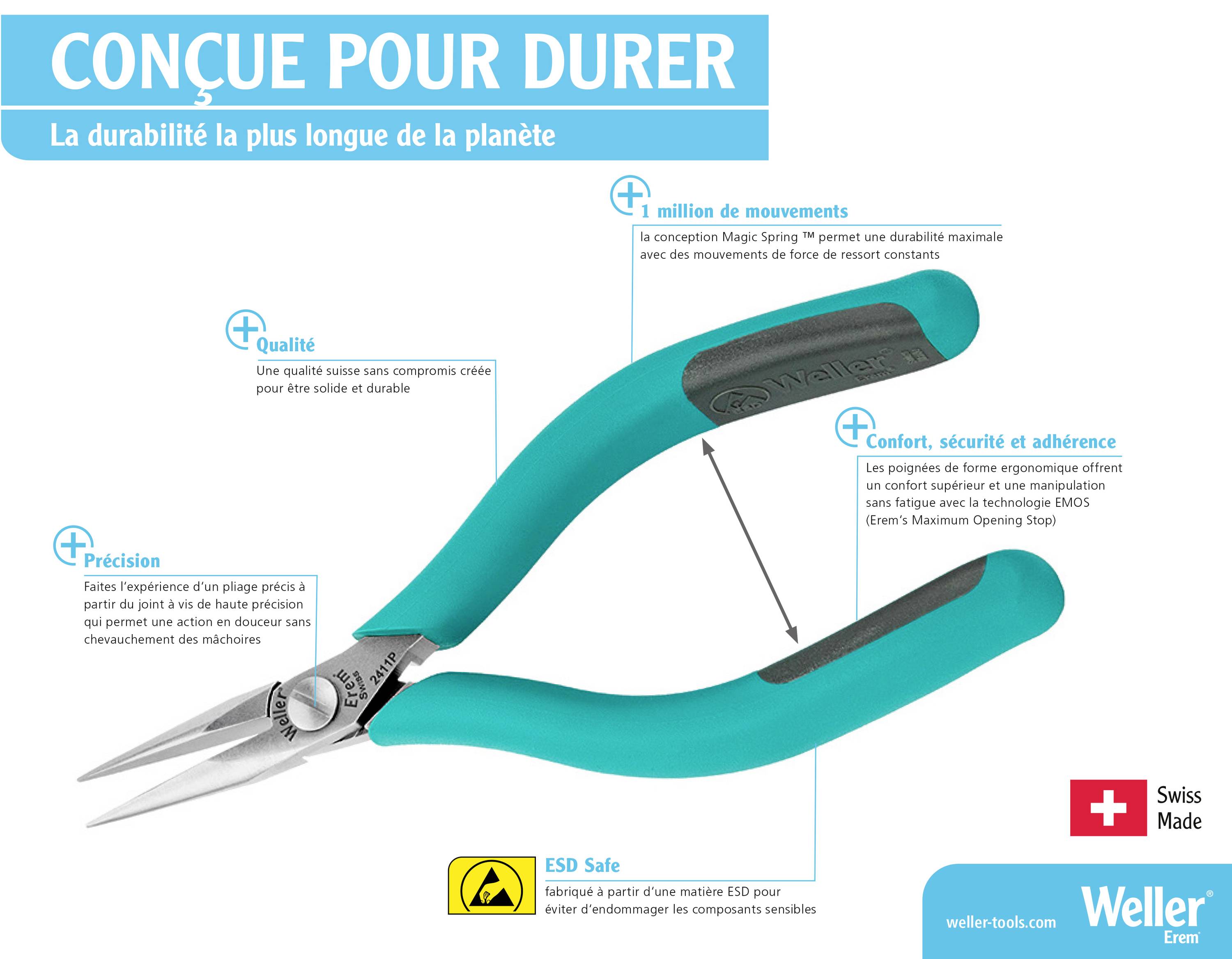 Pince avec poignées bleues et mécanisme de sécurité, mettant l'accent sur la durabilité, la précision et le confort. Adaptée aux applications EGB.