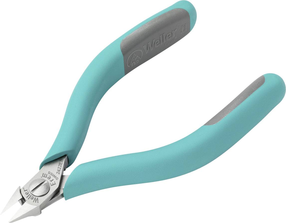 Un coupe-câbles diagonal en gris turquoise avec des poignées ergonomiques, adapté pour couper des fils et des matériaux fins.