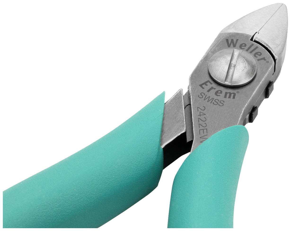 Coupe-côtés vert avec lame en métal, adapté pour couper des fils et des câbles. Marquage 'Weller Erem Swiss' sur la lame.