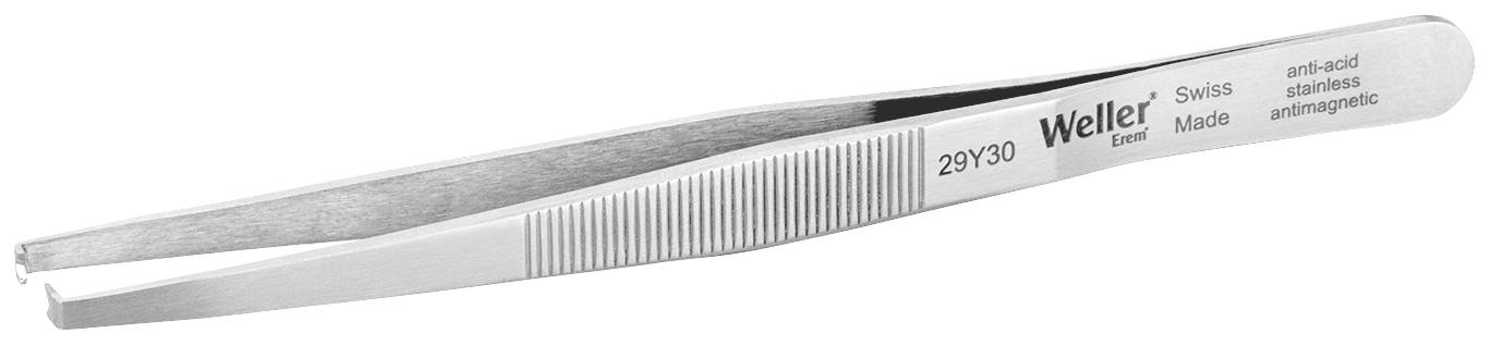 Pince à épiler en acier inoxydable argenté, antidérapante, avec poignée texturée, marquée 'Weller Erem Swiss Made'. Antimagnétique et résistante aux acides.