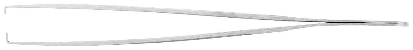 Pince à épiler argentée sur fond blanc, légèrement ouverte, montrant sa pointe et sa prise en main, adaptée aux travaux précis comme la manipulation de petits objets.