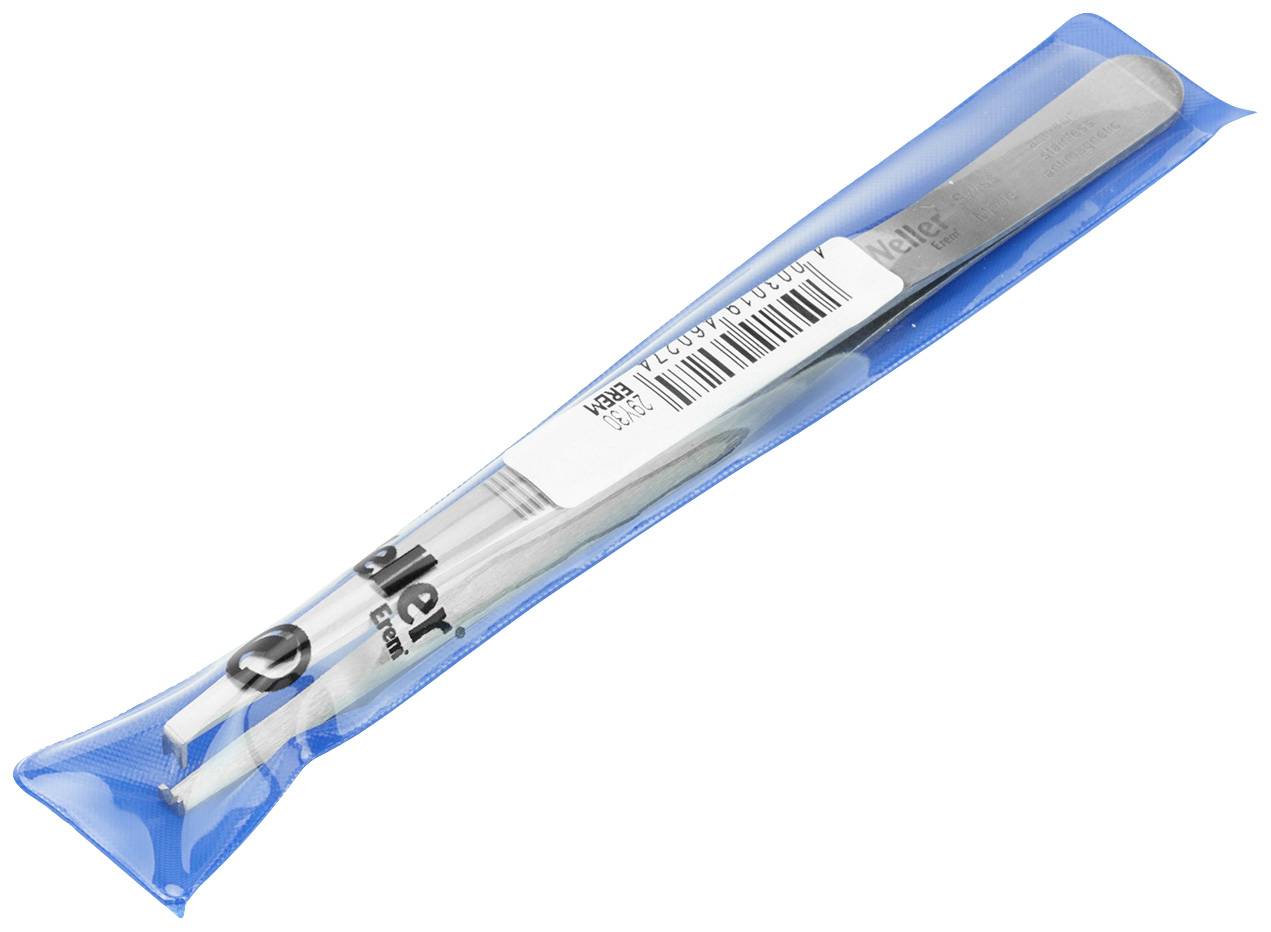 Pince à épiler dans un emballage bleu portant l'inscription 'Weller Erem' et une étiquette avec code-barres.