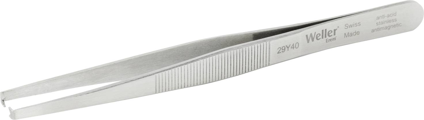 Pince à épiler en métal avec poignées striées et pointes biseautées, portant les inscriptions 'Weller', 'Swiss Made', 'anti-acid', 'Brevet'.