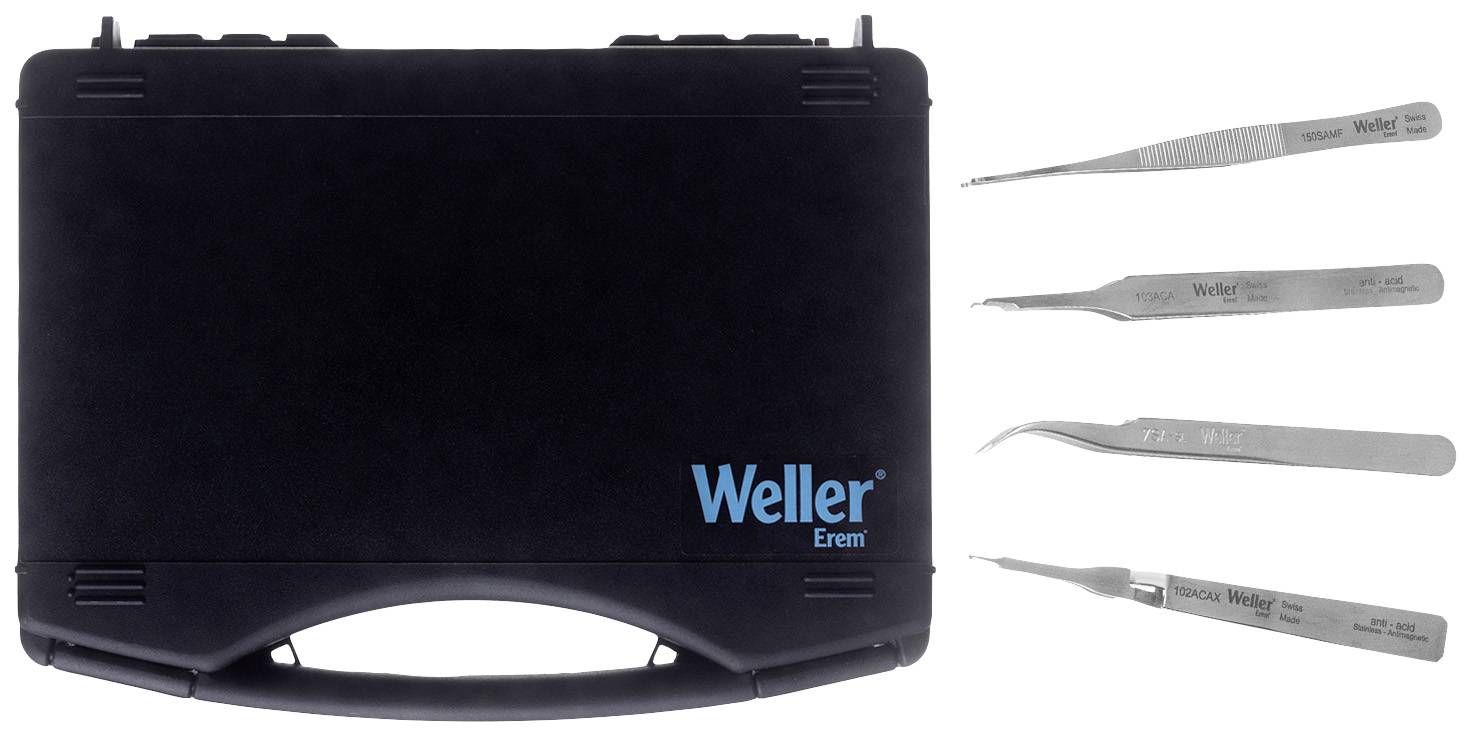 Une mallette noire de Weller Erem, contenant trois pinces à épiler de précision avec différentes formes de pointes pour des travaux délicats.