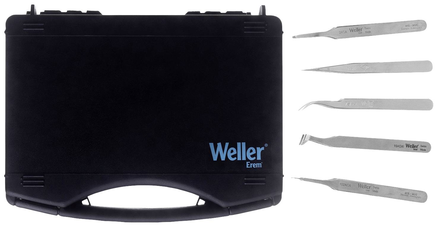 Ensemble d'outils 'Weller Erem' dans un coffret noir, avec quatre outils de précision en métal disposés côte à côte.