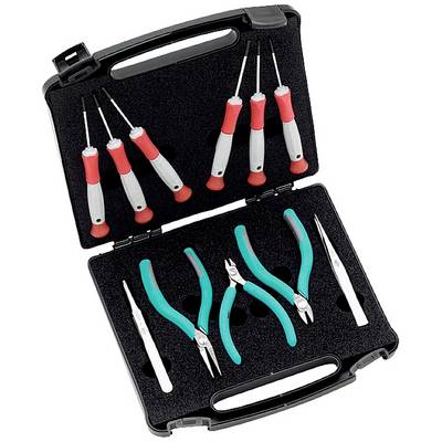 Une boîte à outils contenant six tournevis et quatre pinces. Les pinces sont de couleur turquoise et les tournevis ont des manches rouges.