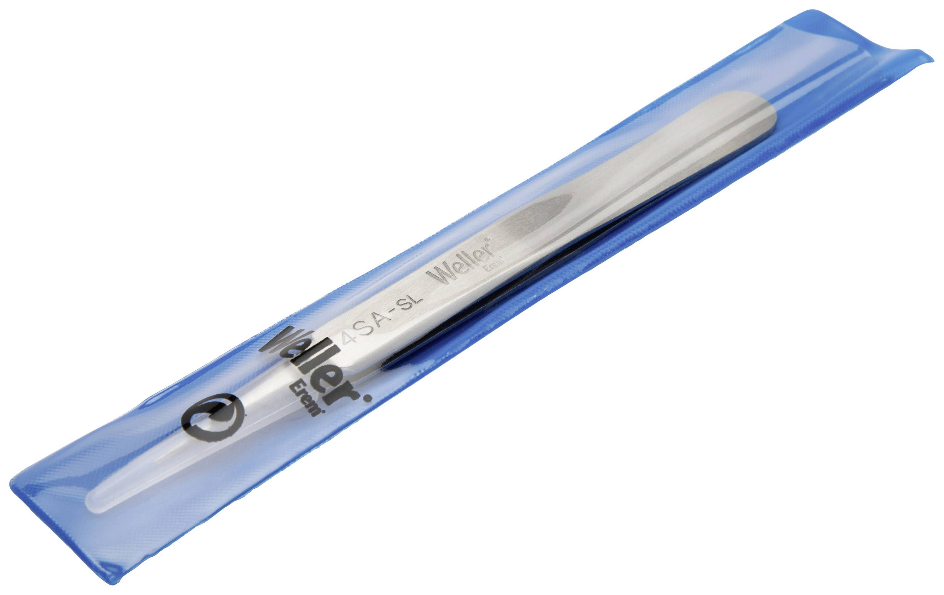 Une pince à épiler métallique, emballée dans un étui en plastique bleu, portant l'inscription 'Weller'. Adaptée pour des travaux de précision.