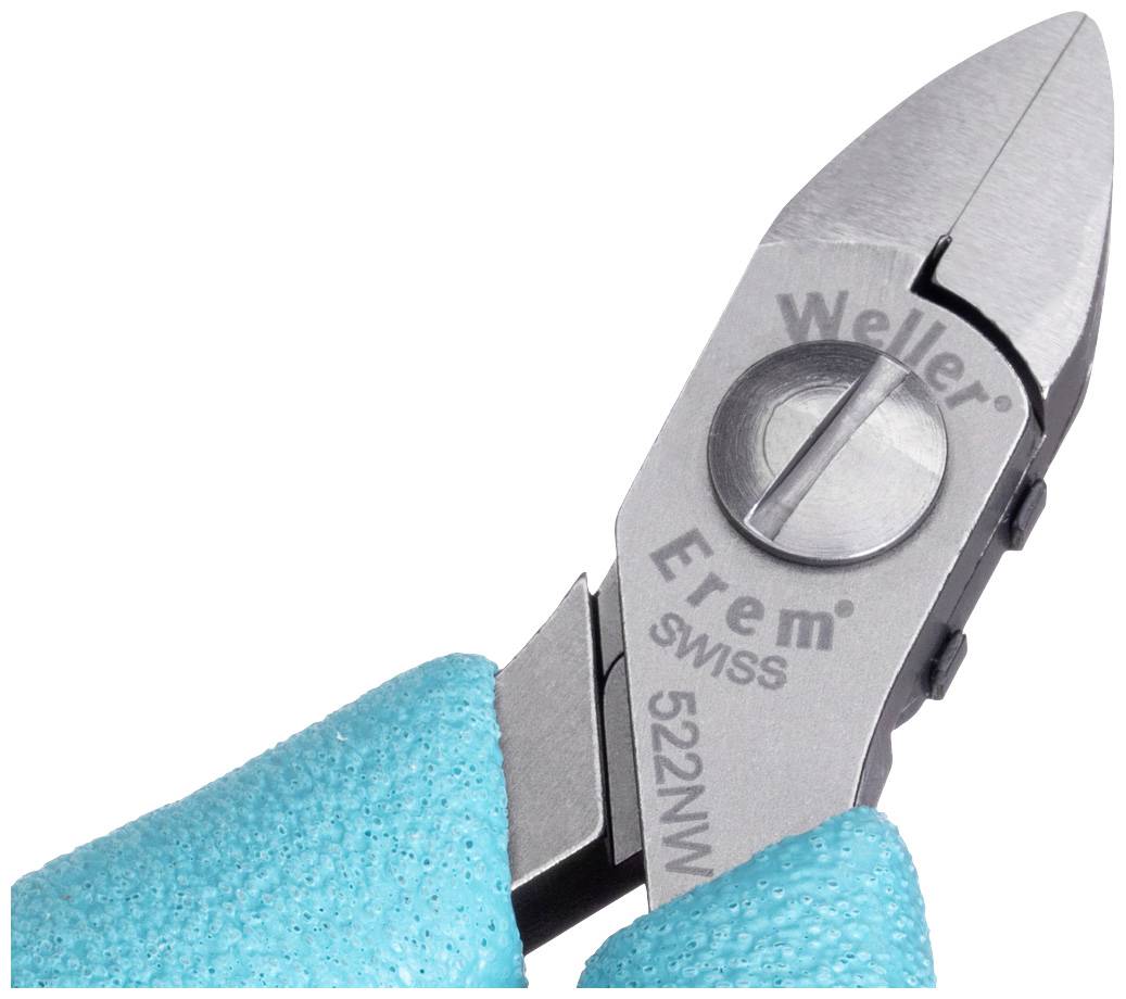 Pince coupante en acier inoxydable avec poignée turquoise, portant les marques 'Weller' et 'Erem Swiss' gravées. Convient pour couper précisément des fils.