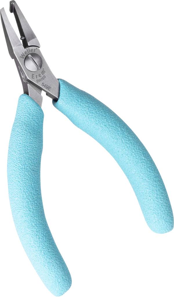 Une pince avec des poignées ergonomiques bleues et une pointe en métal.