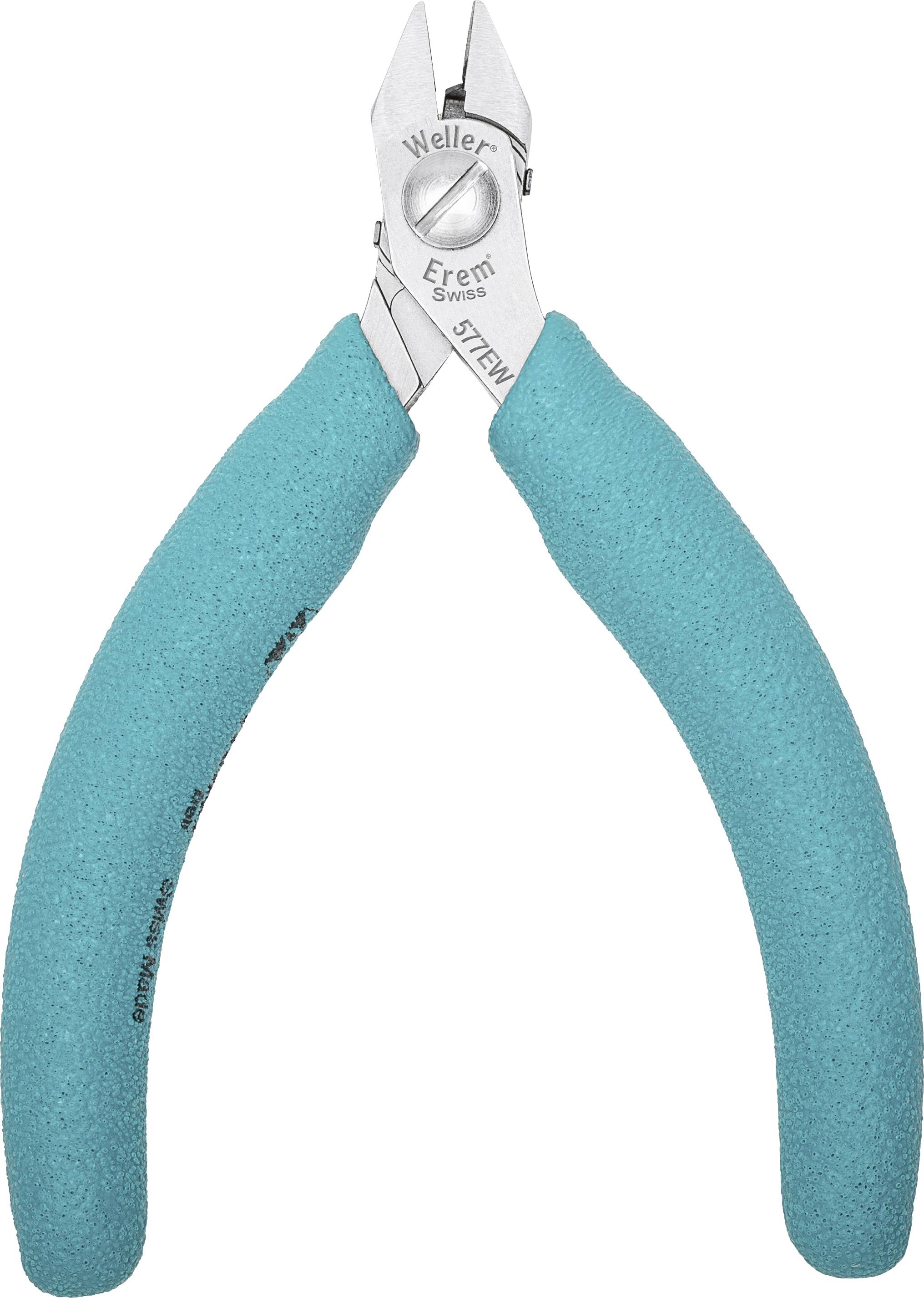 Coupe-fils avec poignées turquoises et l'inscription Weller Erem Swiss.