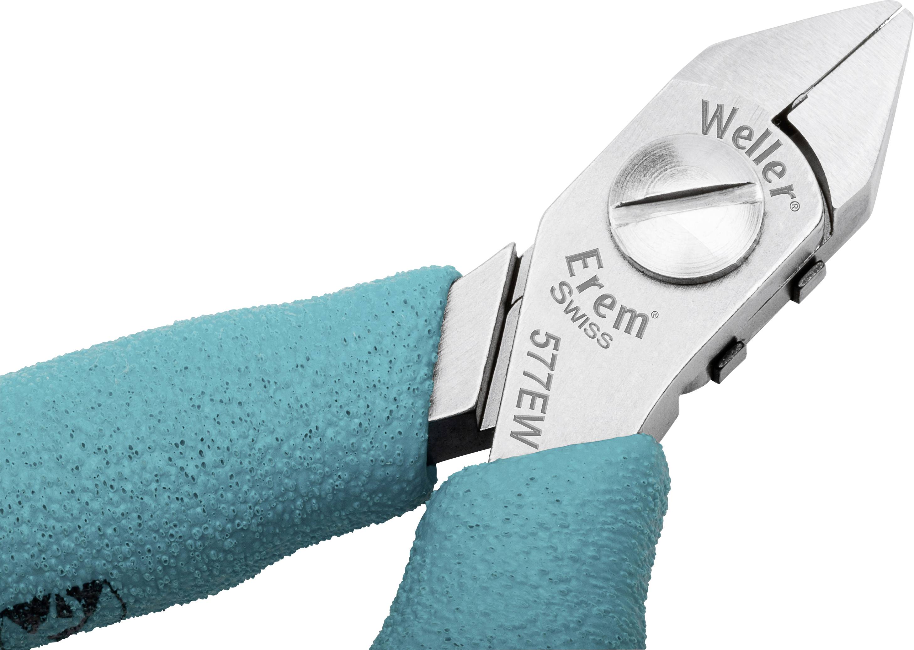 Pince coupante avec poignées turquoise, pièces métalliques portant l'inscription 'Weller Erem Swiss 577EW', sur un fond neutre.