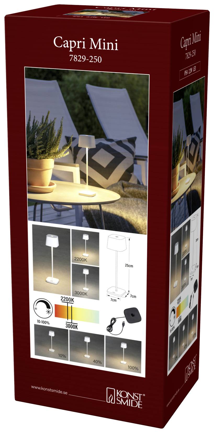 Emballage d'une lampe de table LED 'Capri Mini' de Konstsmide. Présente des photos de la lampe sur une table avec des plantes, une échelle de température de couleur et un chargeur.