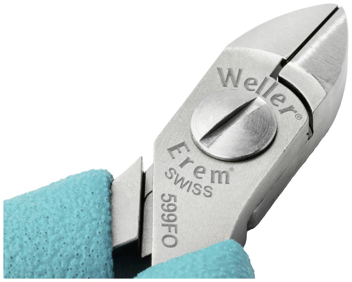 Un gros plan d'un coupe-câbles Erem 599FO avec des poignées bleues, adapté pour couper précisément des fils en électronique.