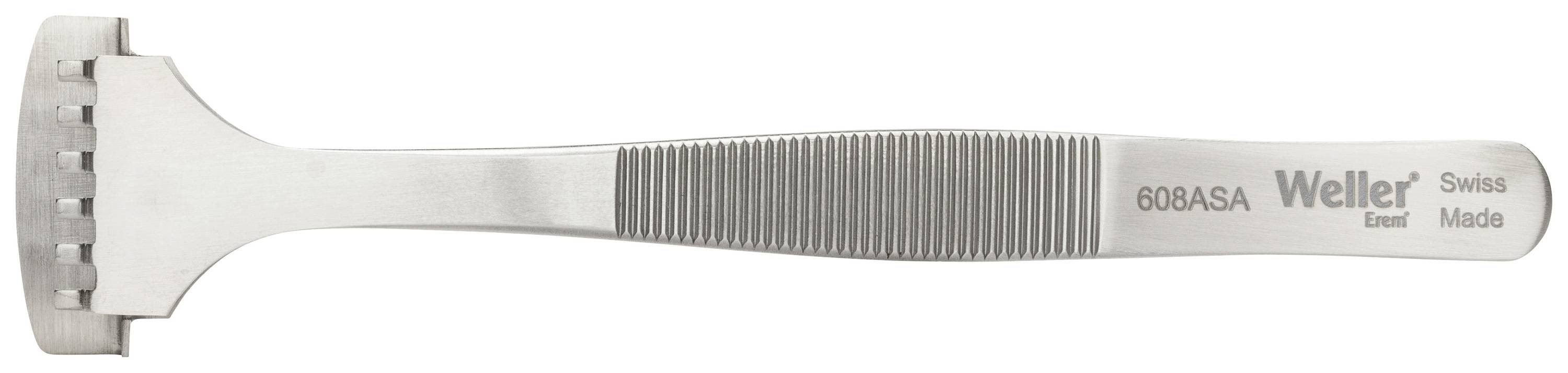 Un outil argenté à tête dentelée et manche strié, portant l'inscription 'Weller Excel Swiss Made 608ASA', est posé horizontalement.
