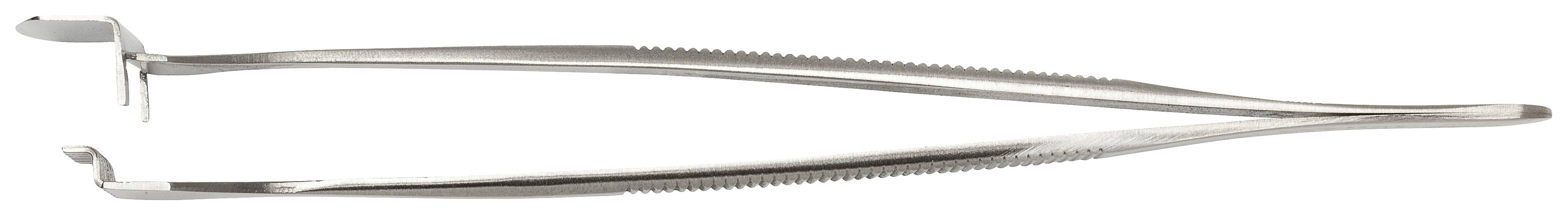 Pince en métal avec des poignées allongées et des extrémités recourbées ; utilisée pour la manipulation précise de petits objets dans des applications médicales ou artisanales.