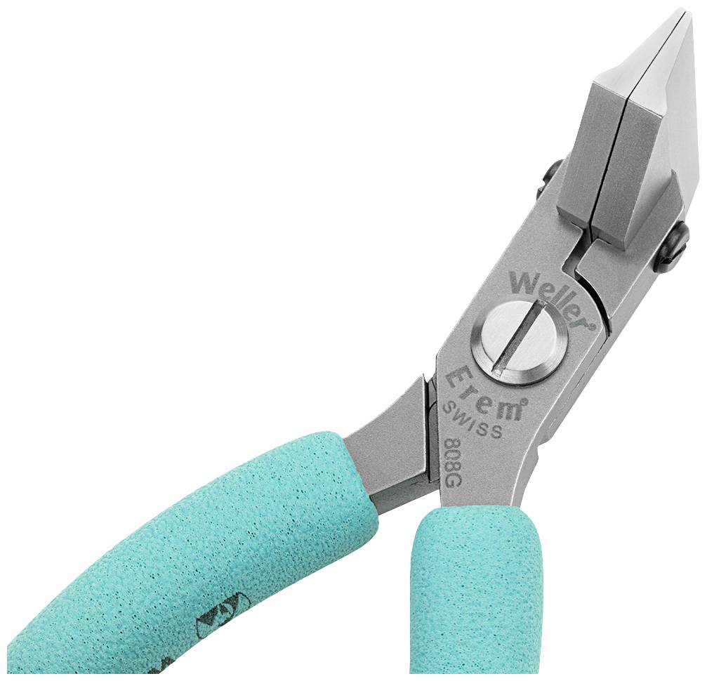 Une pince de précision bleue avec des lames en métal portant l'inscription 'Weller Erem Swiss 888G'. Idéale pour les travaux manuels délicats.