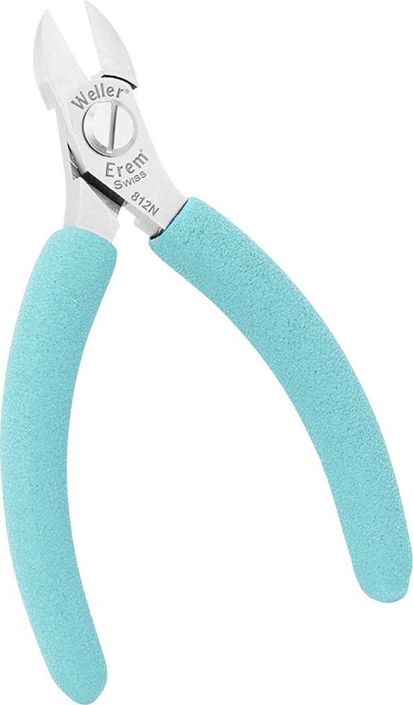 Une pince argentée avec des poignées turquoise. La pince a une pointe recourbée et est souvent utilisée pour des travaux électriques.