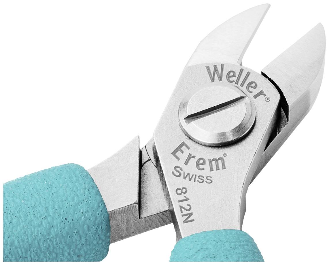 Pince coupante avec poignée bleue et la gravure 'Weller Erem Swiss 812N' sur la surface métallique.