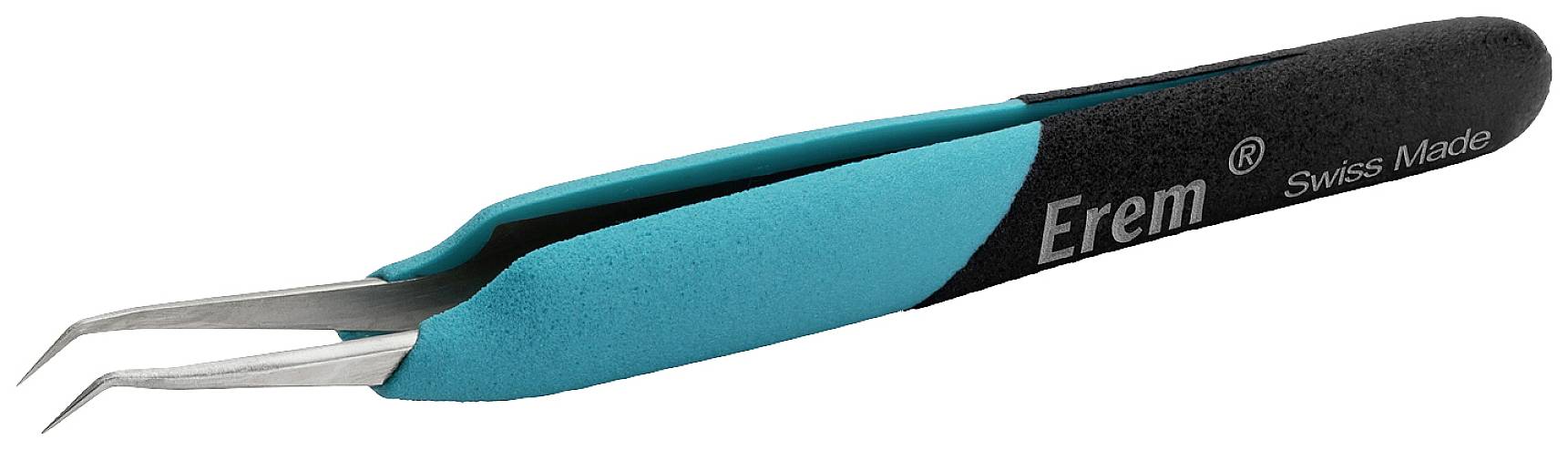 Pince brucelles à pointe incurvée, design noir et turquoise, marque 'Erem', inscription 'Swiss Made'. Utilisée pour des travaux de précision.