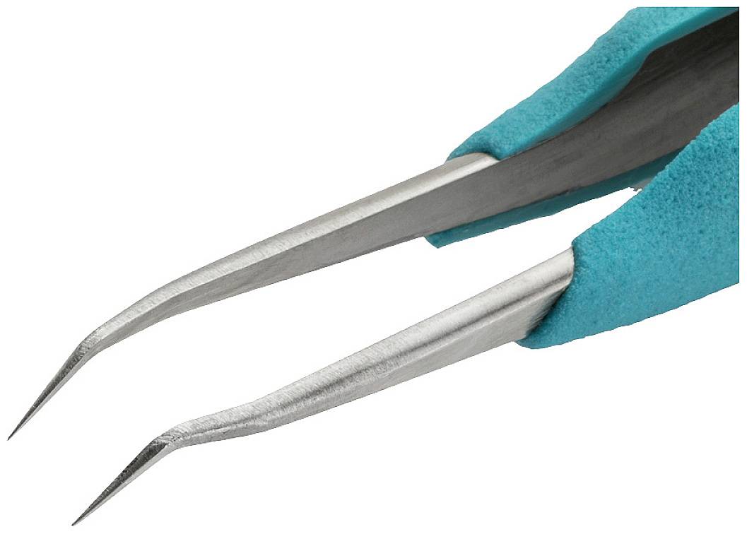 Une paire de pinces à épiler en métal avec des poignées bleues, légèrement courbées. Elles conviennent parfaitement aux travaux précis ou à la manipulation de petits objets.