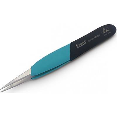 Une fine pince brucelles avec une poignée bleue et noire sur laquelle est inscrit 'Erem Swiss Made'. Elle est utilisée pour des travaux de précision.