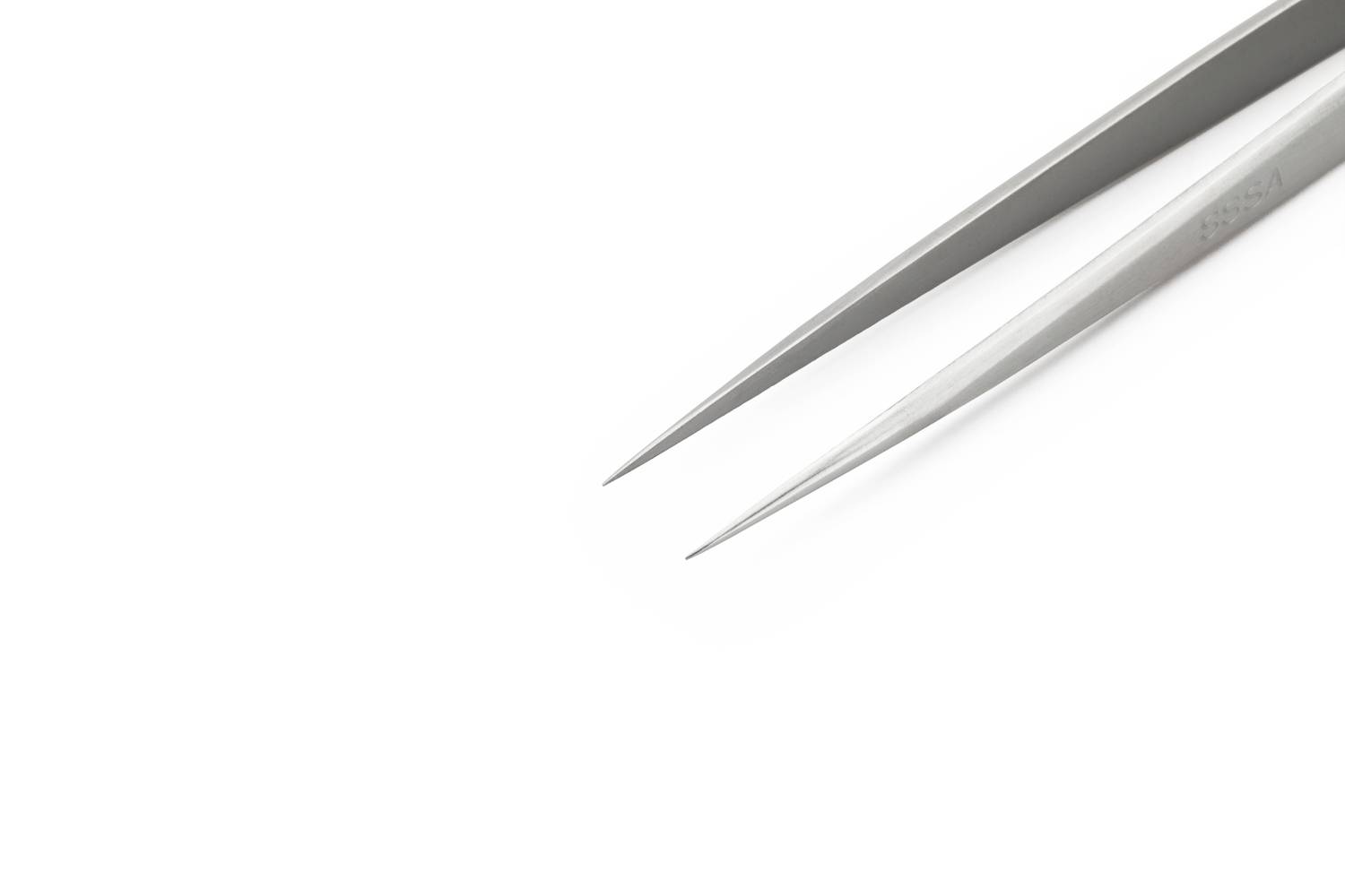 Pointe d'une pince à épiler en acier inoxydable sur fond blanc.
