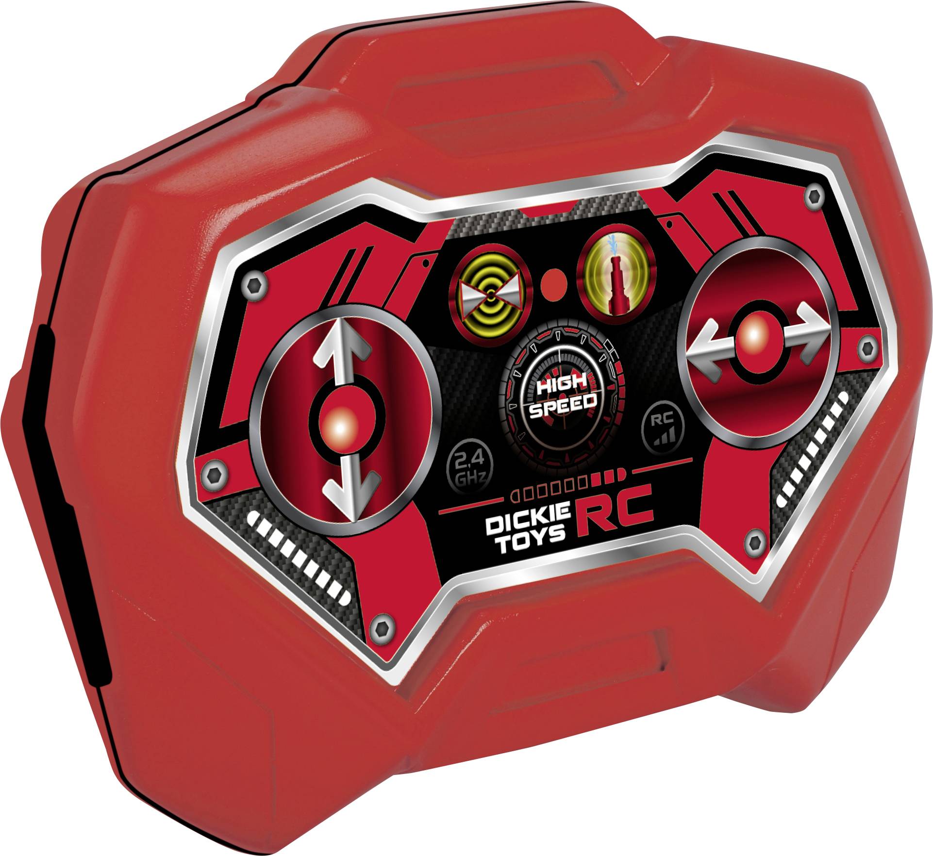 Télécommande rouge pour voiture télécommandée avec deux joysticks, indicateur de distance et nom de marque sur la face avant.