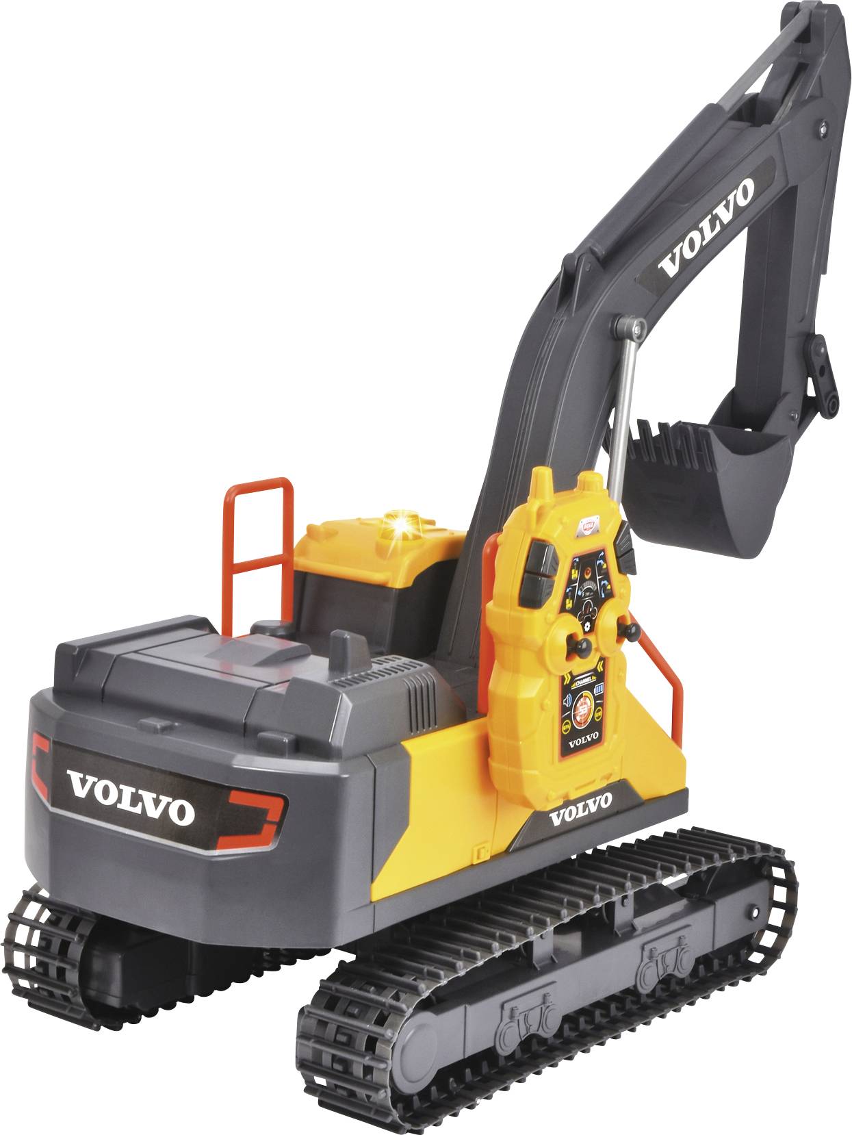 Pelleteuse jouet en plastique jaune et noir avec l'inscription 'Volvo', présentant un bras articulé et un design fidèle aux détails.