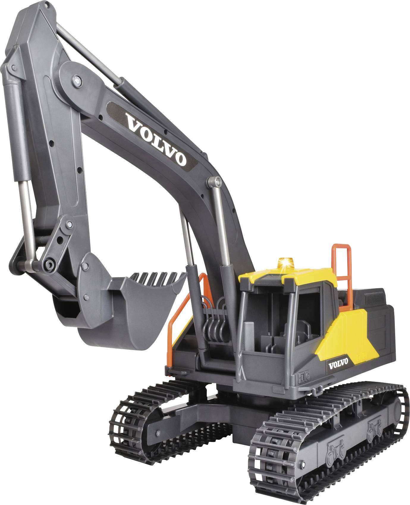 Pelleteuse jouet en jaune et gris portant le logo 'Volvo', construction détaillée avec un bras articulé et des chenilles mobiles.