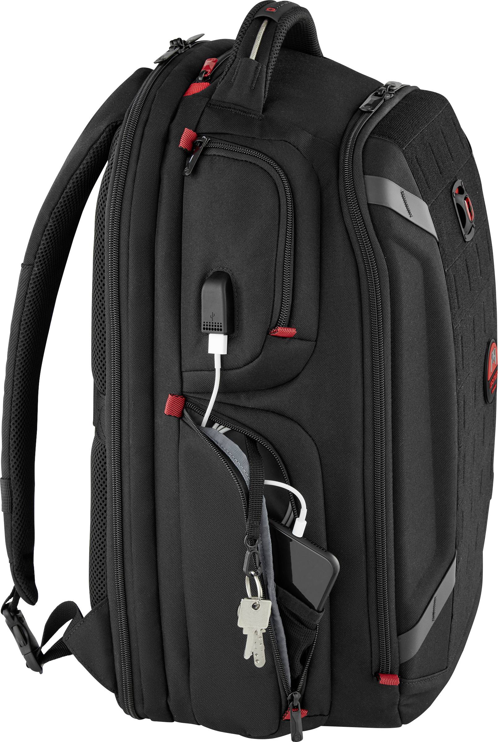 Sac à dos noir avec plusieurs compartiments et accent rouge. Compartiment pour ordinateur portable, poche latérale avec accès pour clé et port USB.