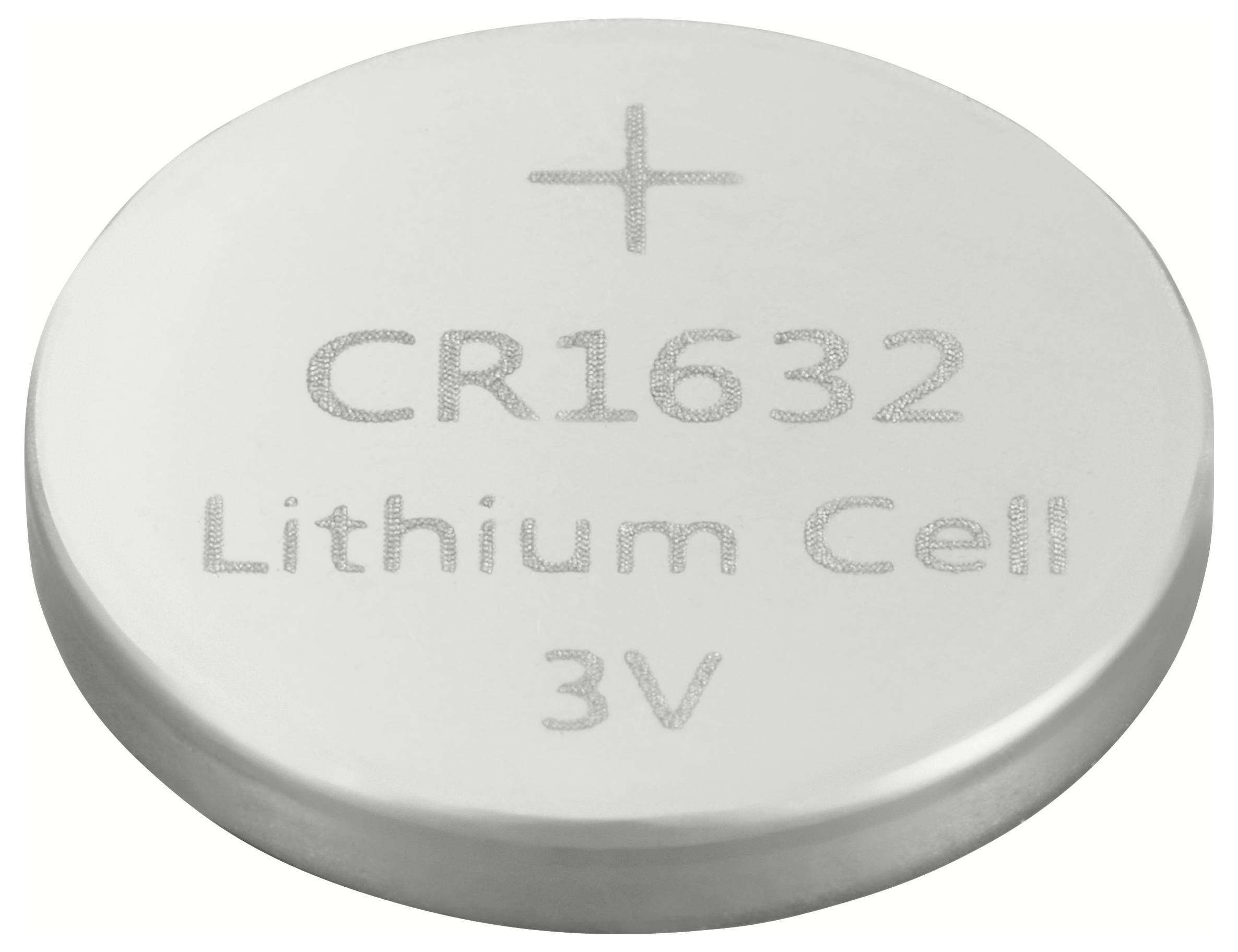 Pile bouton portant l'inscription 'CR1632', 'Lithium Cell', '3V' et un signe plus. Elle fournit une tension de 3 volts.