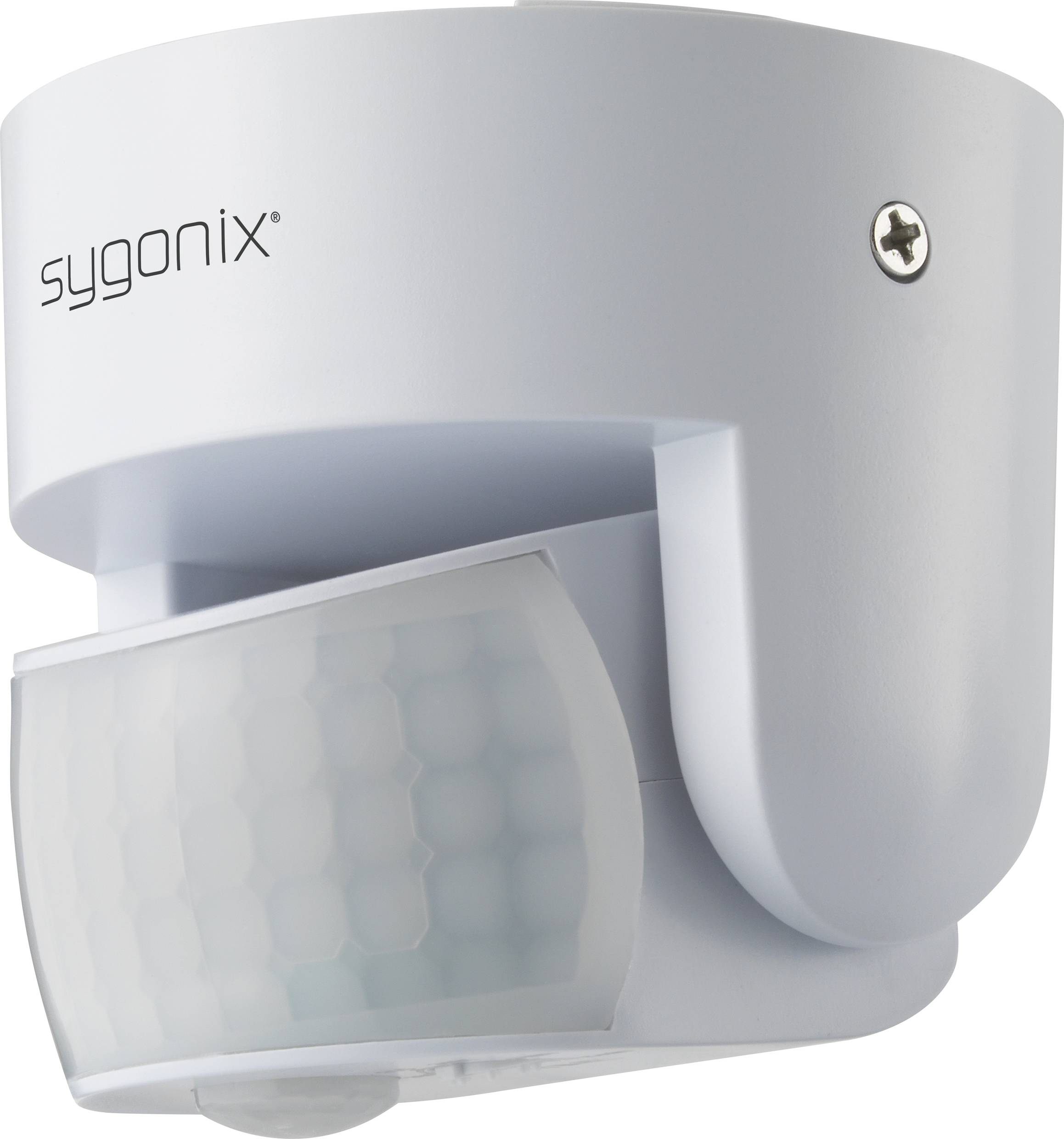 Détecteur de mouvement blanc de Sygonix pour montage mural, avec une forme arrondie et une zone de détection pour la capture des mouvements.