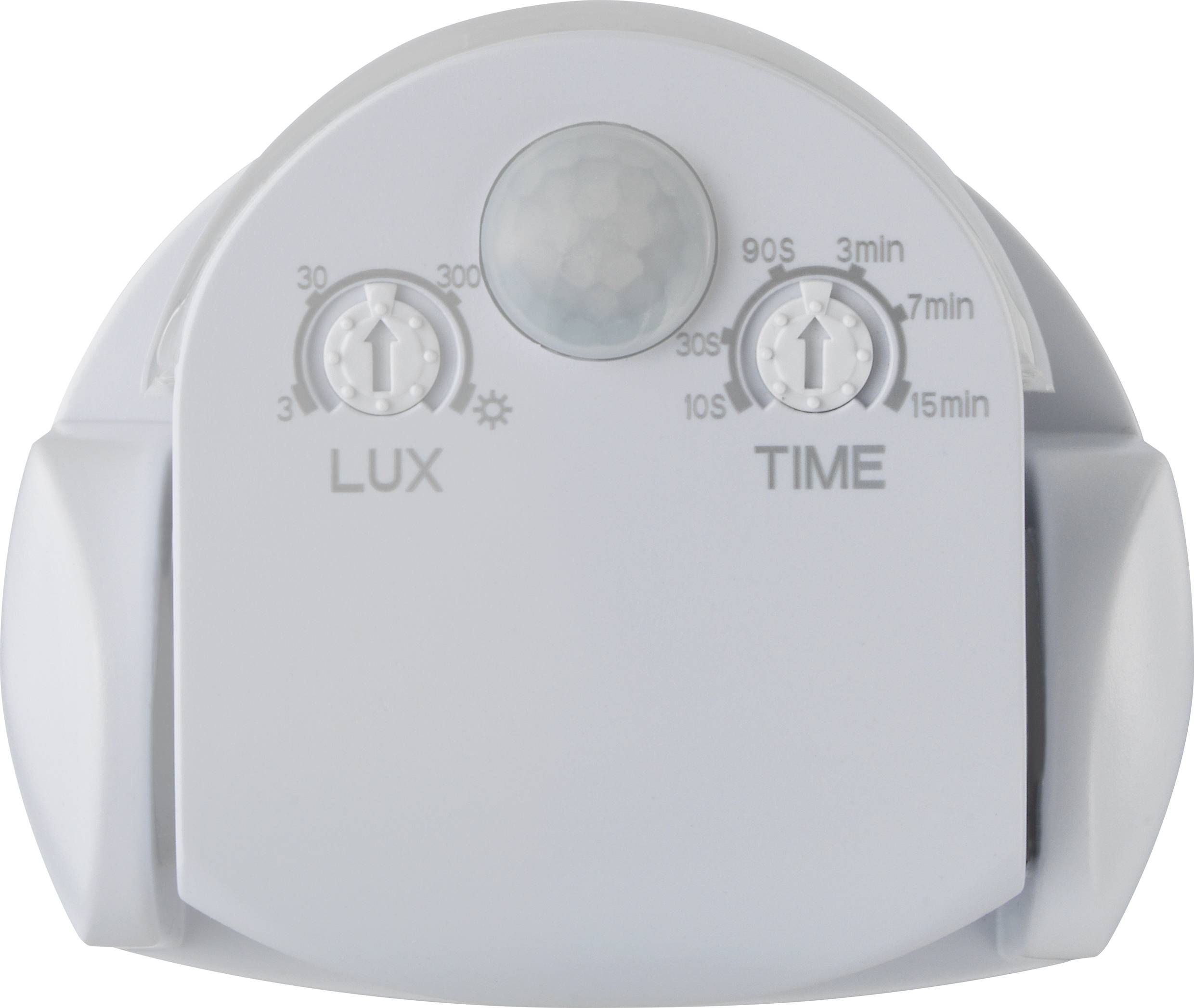 Un détecteur de mouvement avec deux boutons rotatifs pour 'LUX' et 'TIME', permettant de régler la luminosité et le temps de temporisation.