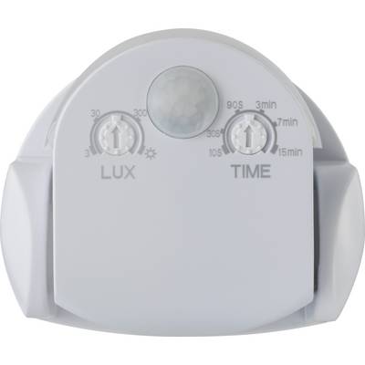Un détecteur de mouvement avec deux boutons rotatifs pour 'LUX' et 'TIME', permettant de régler la luminosité et le temps de temporisation.