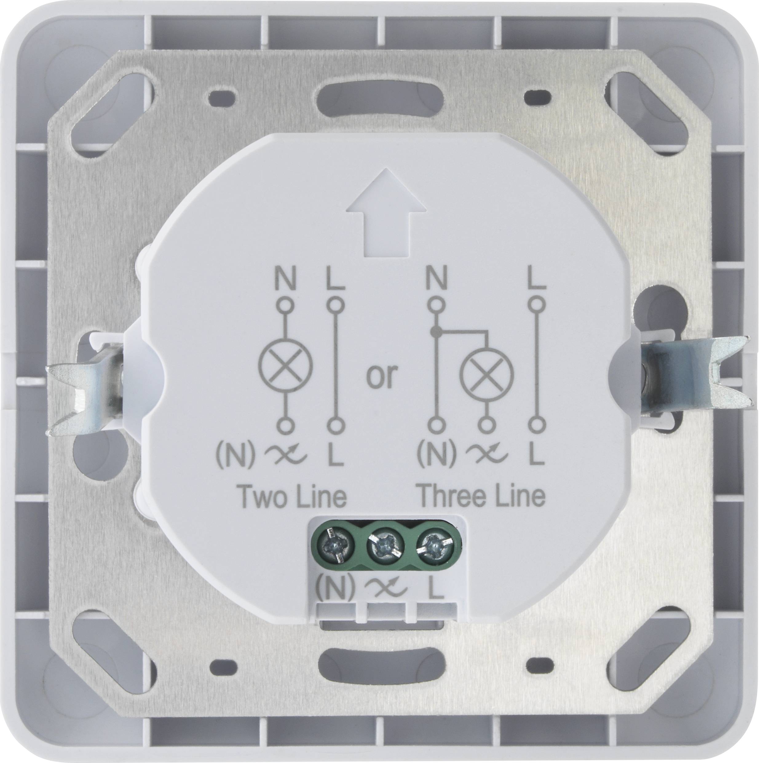 Prise de raccordement réseau avec étiquettes pour raccordement à deux et trois fils. La flèche pointe vers le haut. Trois bornes à vis en bas.